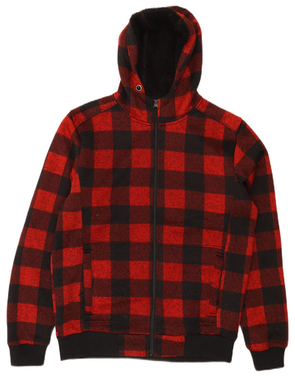 Mountain Warehouse Suéter con capucha y cremallera Sherpa para hombre de cuadros rojos medianos