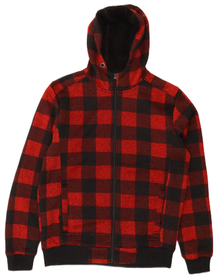 Mountain Warehouse Suéter con capucha y cremallera Sherpa para hombre de cuadros rojos medianos