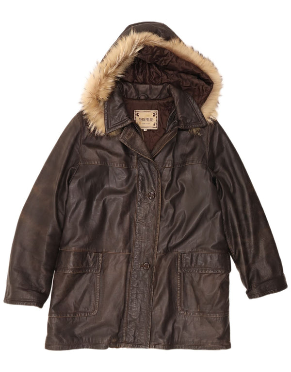 Abrigo de cuero con capucha vintage para mujer IT 48 XL Marrón
