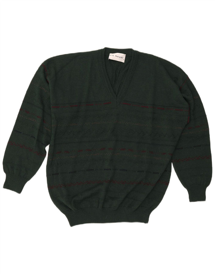 Pit Hayet Jersey con Cuello en V para Hombre IT 50 Lana a Rayas Verde Medio