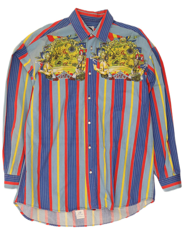 Camisa holgada con gráfico vintage para hombre de algodón a rayas multicolor medio