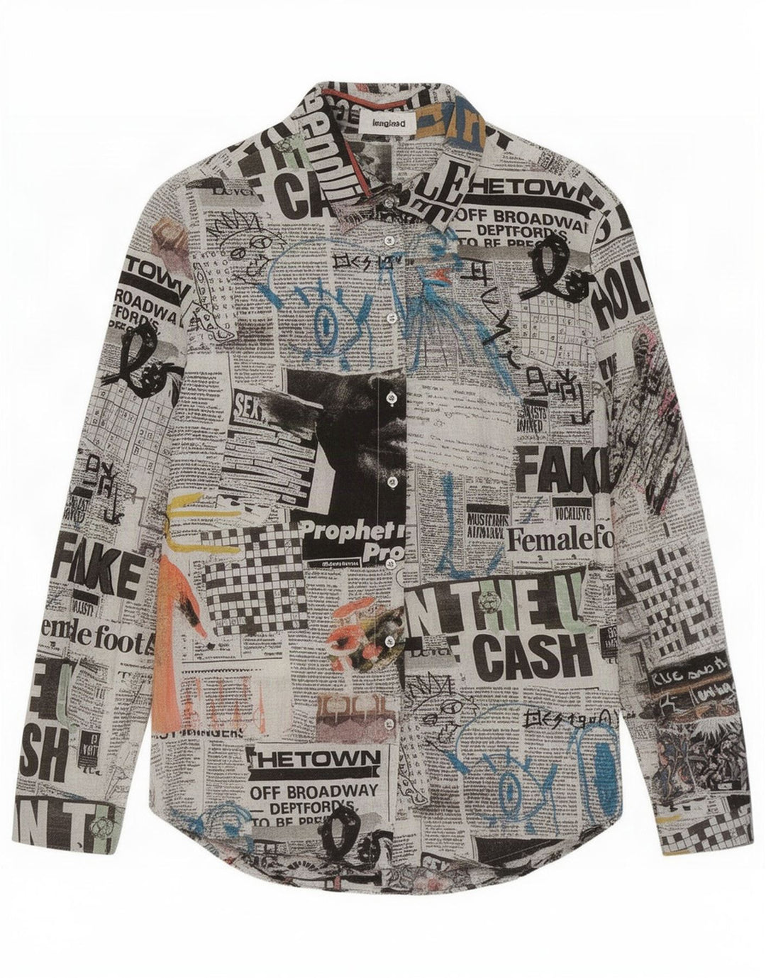 Desigual - Camisa con gráfico de periódico para mujer, talla mediana, algodón multicolor