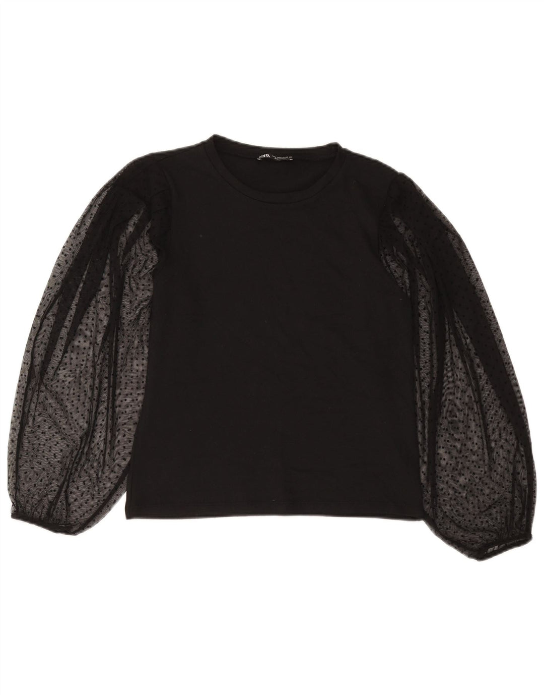 Zara Mujer Blusa De Manga Larga Top UK 10 Small Poliéster De Lunares Negros