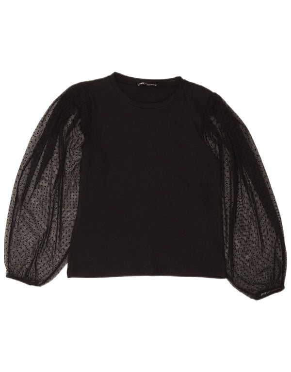 Zara Mujer Blusa De Manga Larga Top UK 10 Small Poliéster De Lunares Negros