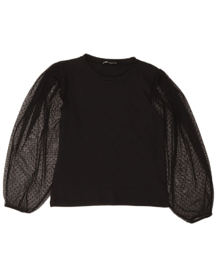 Zara Mujer Blusa De Manga Larga Top UK 10 Small Poliéster De Lunares Negros