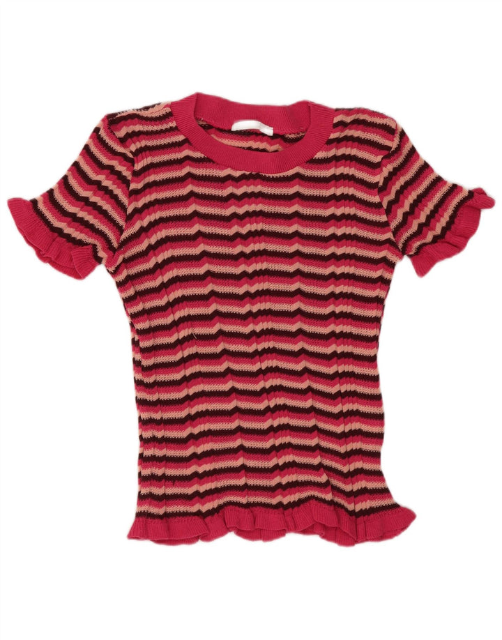 Zara Mujer Camiseta Top UK 8 Small Rosa Rayas Poliéster