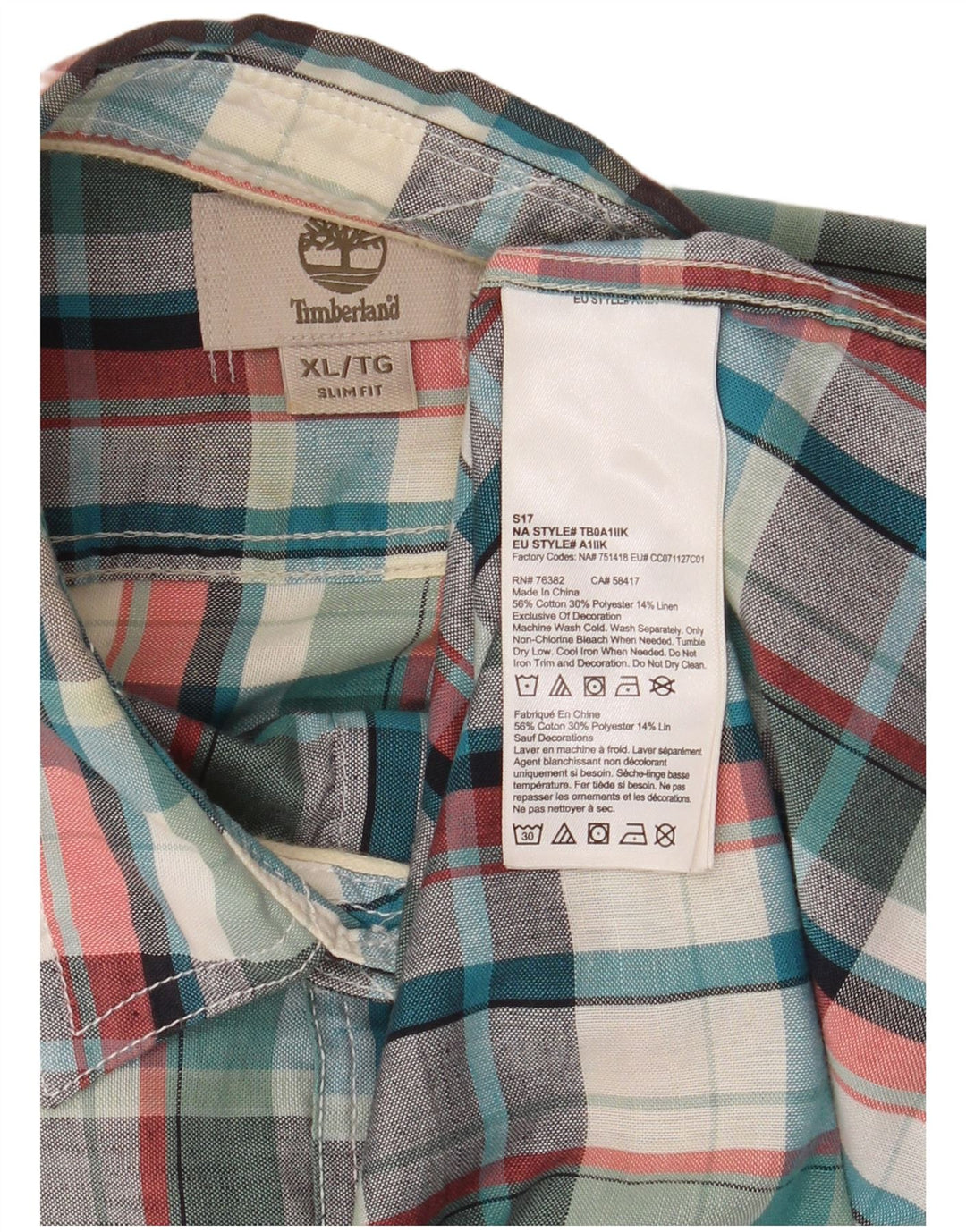 TIMBERLAND Camisa de Manga Corta Slim Fit para Hombre XL Algodón a Cuadros Multicolor