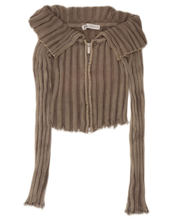 Zara Mujer Crop Cardigan Suéter UK 4 XS Marrón
