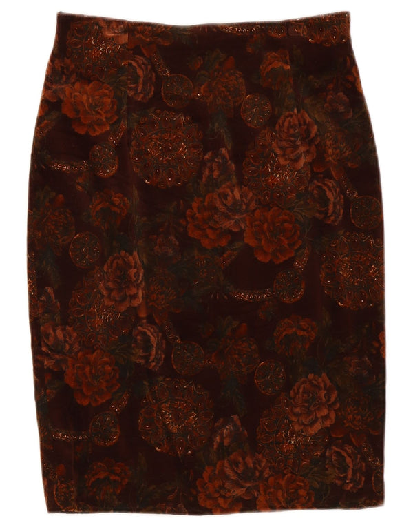 Falda lápiz de terciopelo vintage para mujer IT 44 Medio W28 Algodón floral marrón
