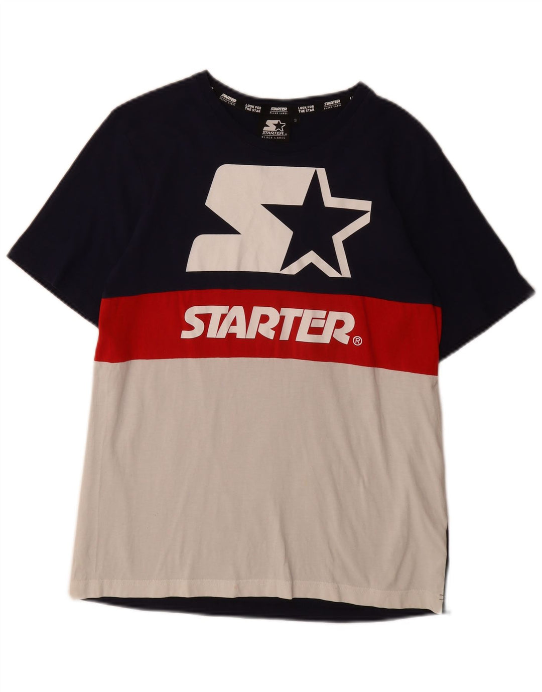 STARTER Mens BLACK LABEL Graphic T-Shirt Top Small Navy Blue Colourblock