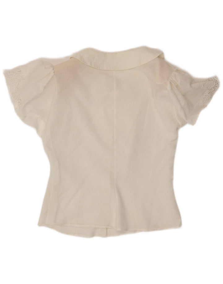 VINTAGE Blusa camisa de manga corta para mujer Reino Unido 12 Algodón blanco medio