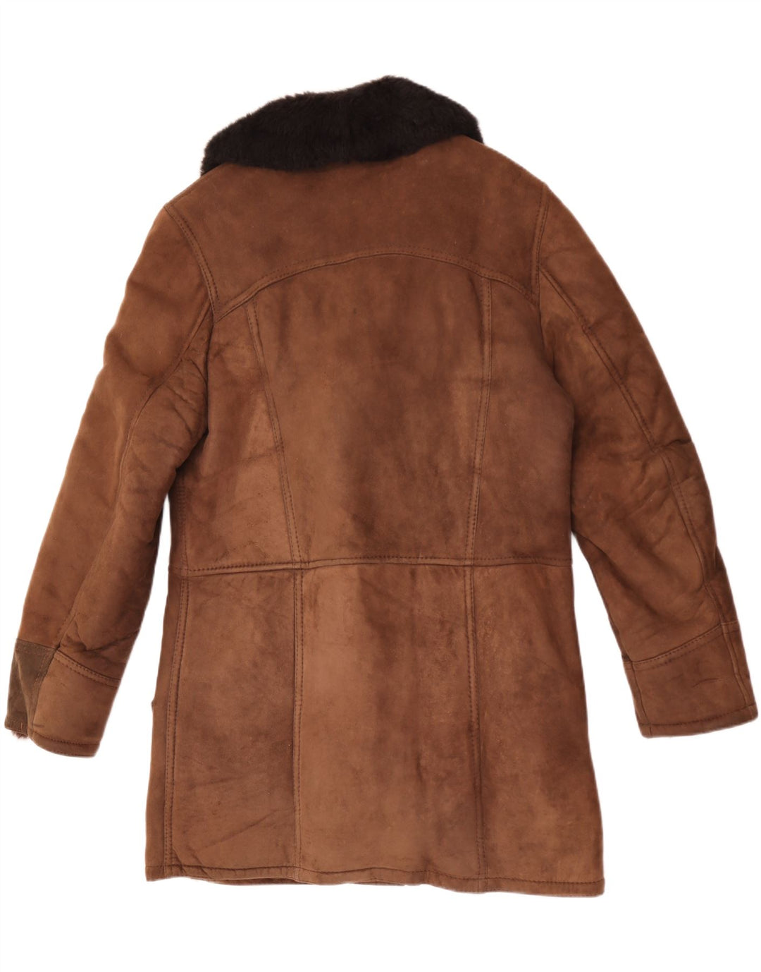 Vintage hombres shearling abrigo Reino Unido 38 cuero marrón medio colorblock