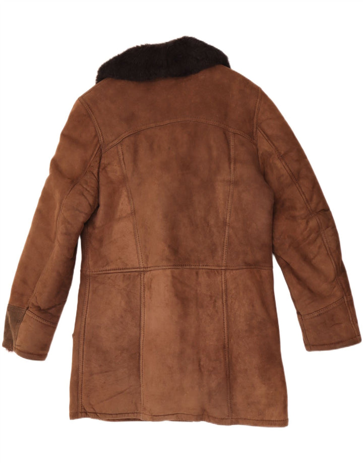 Vintage hombres shearling abrigo Reino Unido 38 cuero marrón medio colorblock