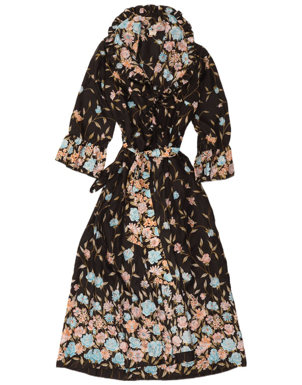 Vintage mujer manga larga bata maxi vestido IT 44 medio negro floral