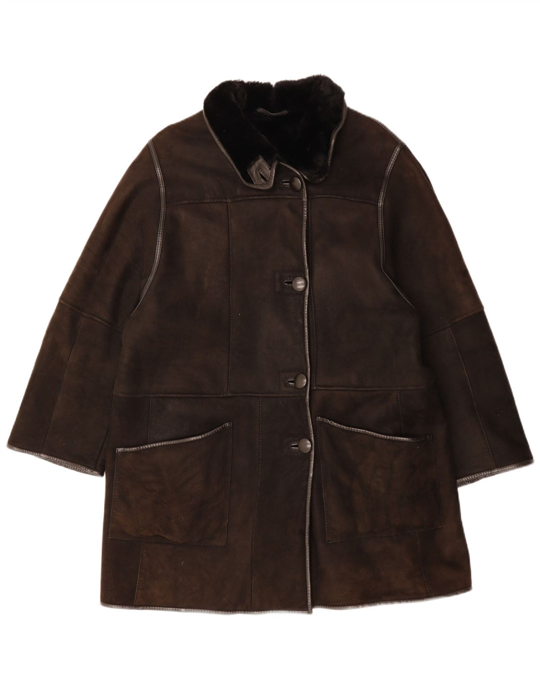 VINTAGE Mujer Shearling Abrigo Reino Unido 14 Cuero Marrón Grande