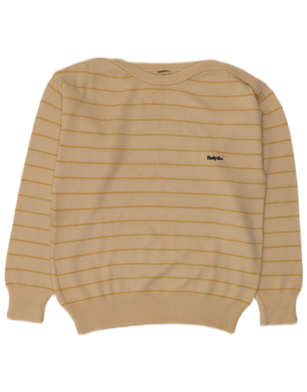 Vintage hombres barco cuello jersey suéter medio beige rayas poliacrílico