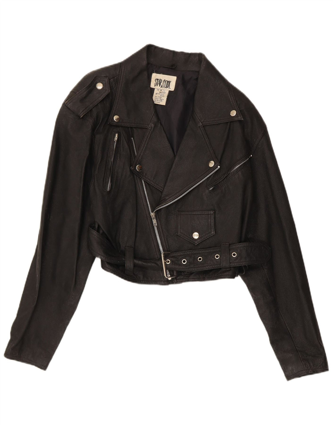 Vintage mujer crop cuero biker chaqueta Reino Unido 10 pequeño cuero negro