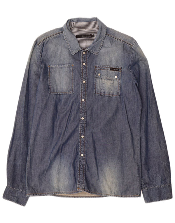 Calvin Klein Jeans Camisa vaquera para hombre pequeña de algodón azul marino