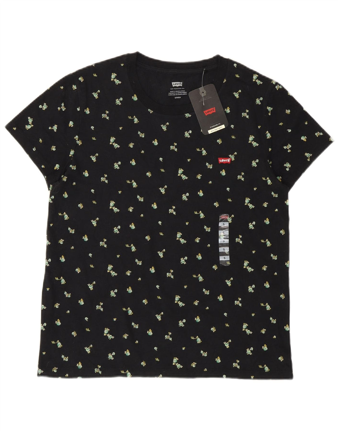 LEVI'S Camiseta gráfica para mujer Top UK 10 Small Black Floral Cotton Flower