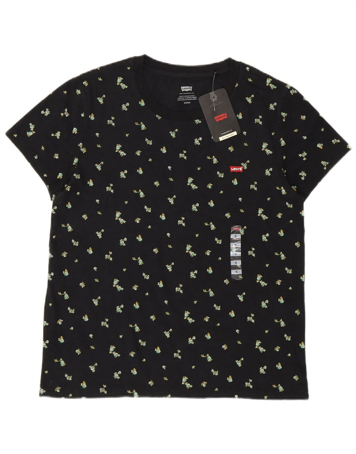 LEVI'S Camiseta gráfica para mujer Top UK 10 Small Black Floral Cotton Flower