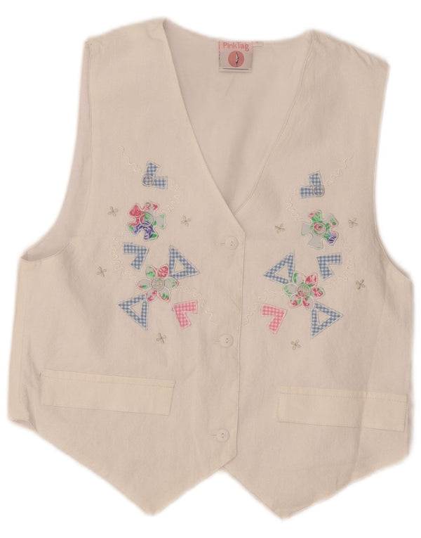 Vintage mujer chaleco gráfico Reino Unido 12 algodón floral blanco medio