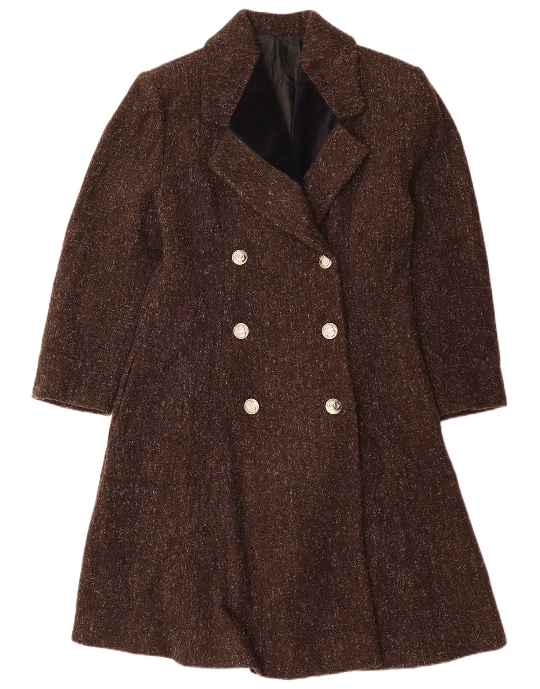 VINTAGE Mujer Abrigo de doble pecho Reino Unido 12 Lana moteada marrón medio