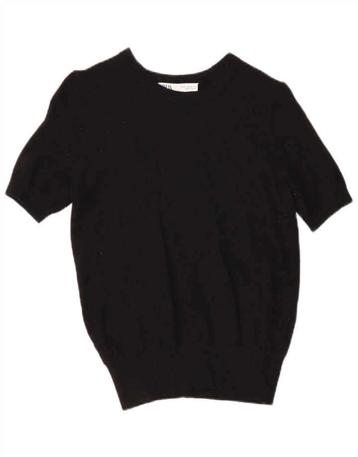 Zara Mujer Blusa De Punto De Manga Corta Top UK 42 Medium Viscosa Negra