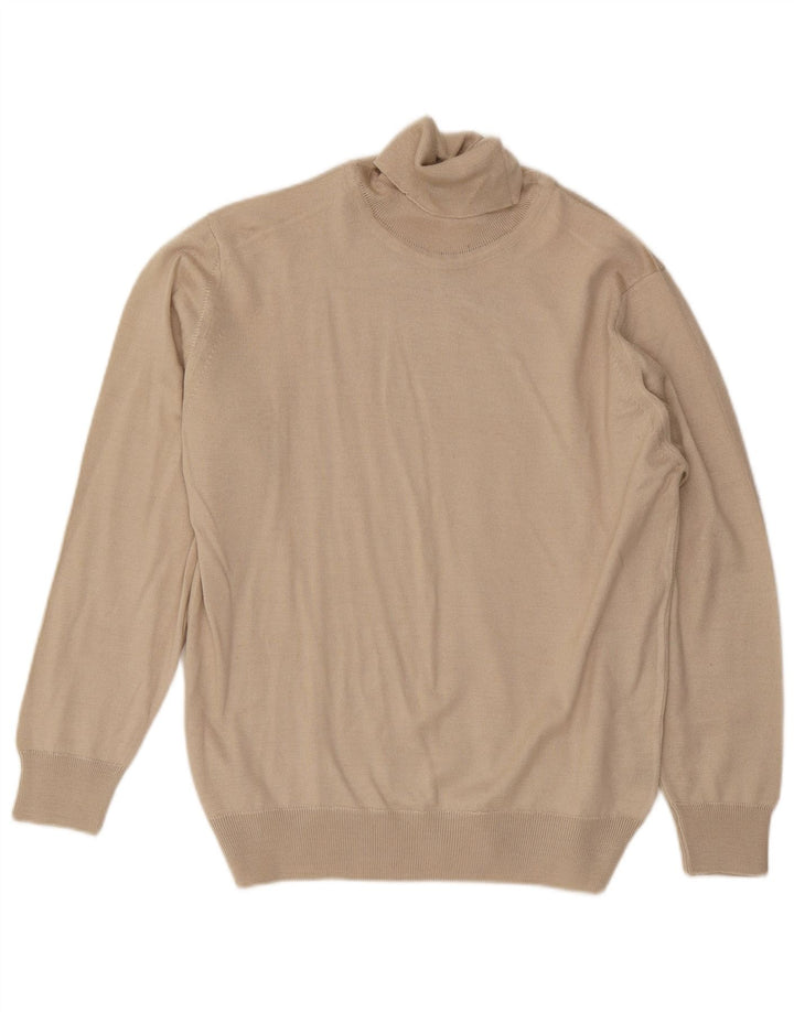 Vintage hombres rollo cuello jersey suéter medio beige lana