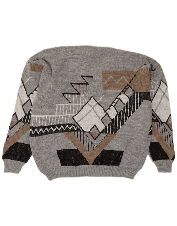 Vintage hombres V-cuello jumper suéter grande gris geométrico acrílico