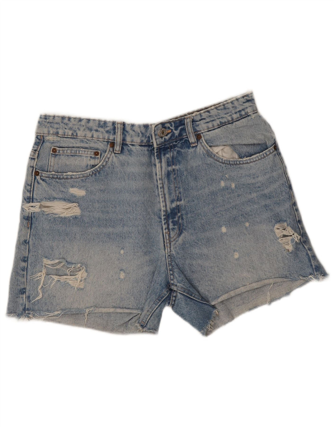Zara Pantalones cortos de mezclilla desgastados para mujer EU 42 Large W32 Algodón azul