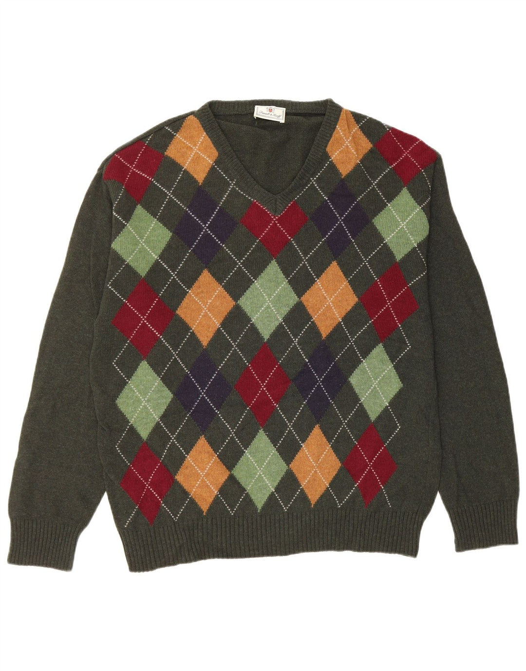 VINTAGE Hombres V-Cuello Jumper Suéter Medio Verde Argyle/Diamond Nueva Lana