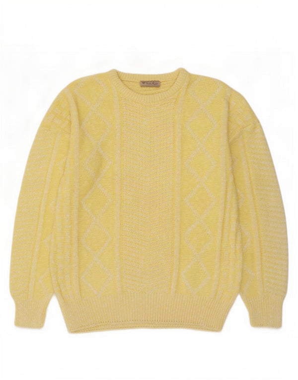 Vintage hombres cuello redondo jersey suéter IT 52 algodón geométrico amarillo grande