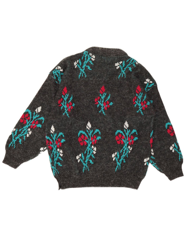 Vintage Womens Crew Neck Jumper Sweater UK 16 Large Grey Floral