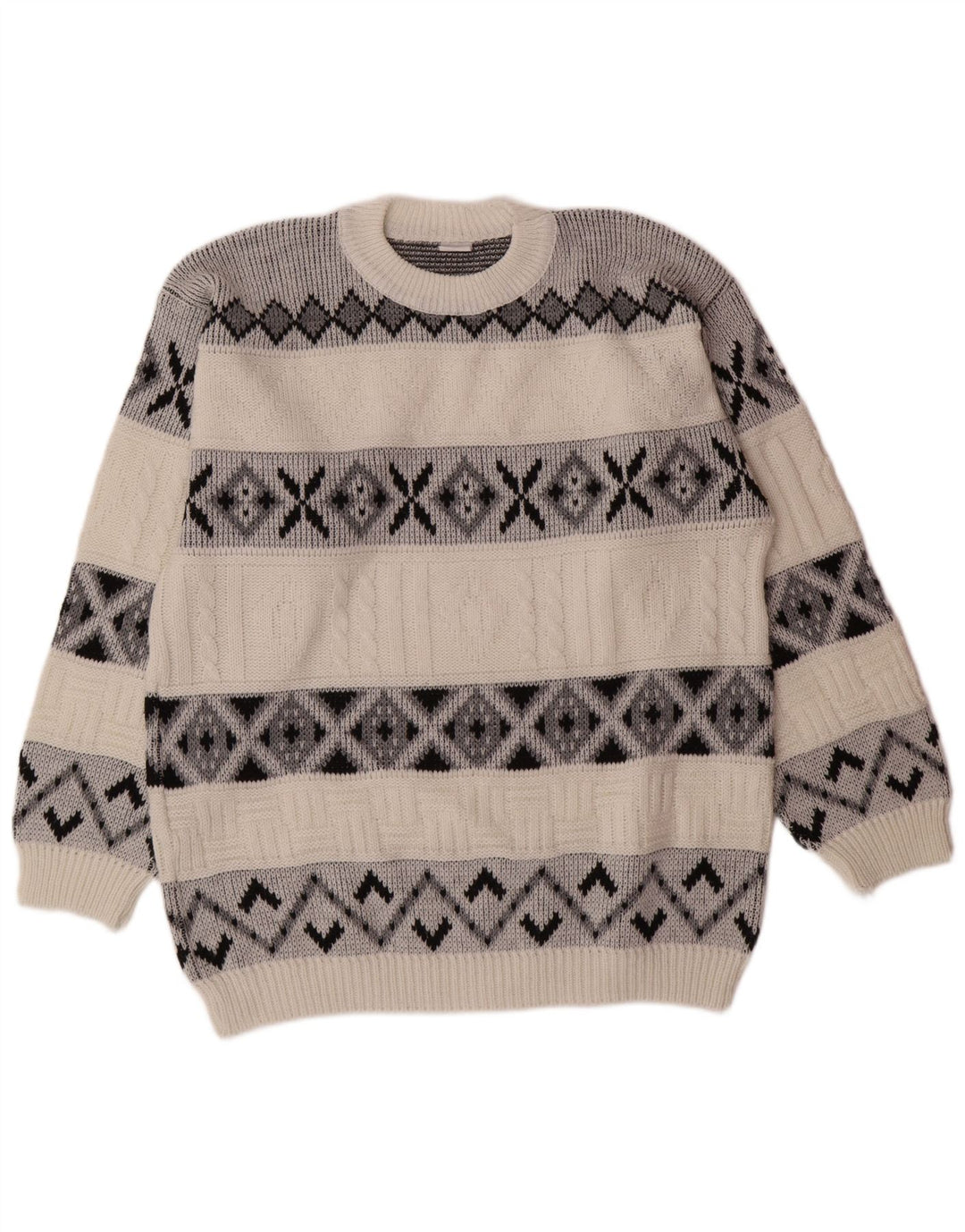 VINTAGE Hombres Crew Neck Jumper Suéter Grande Blanco Fair Isle