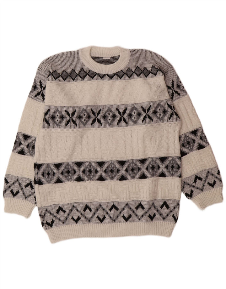 VINTAGE Hombres Crew Neck Jumper Suéter Grande Blanco Fair Isle