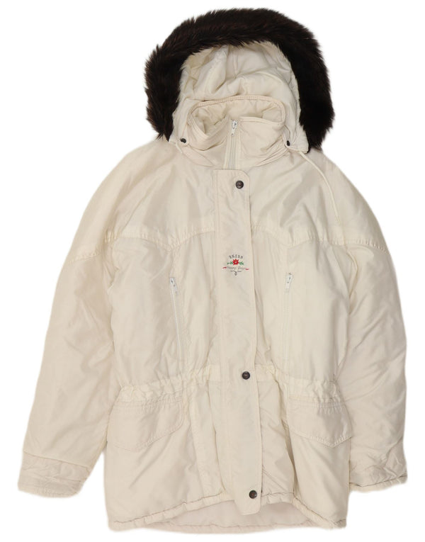 Vintage mujer chaqueta acolchada con capucha Reino Unido 14 blanco grande
