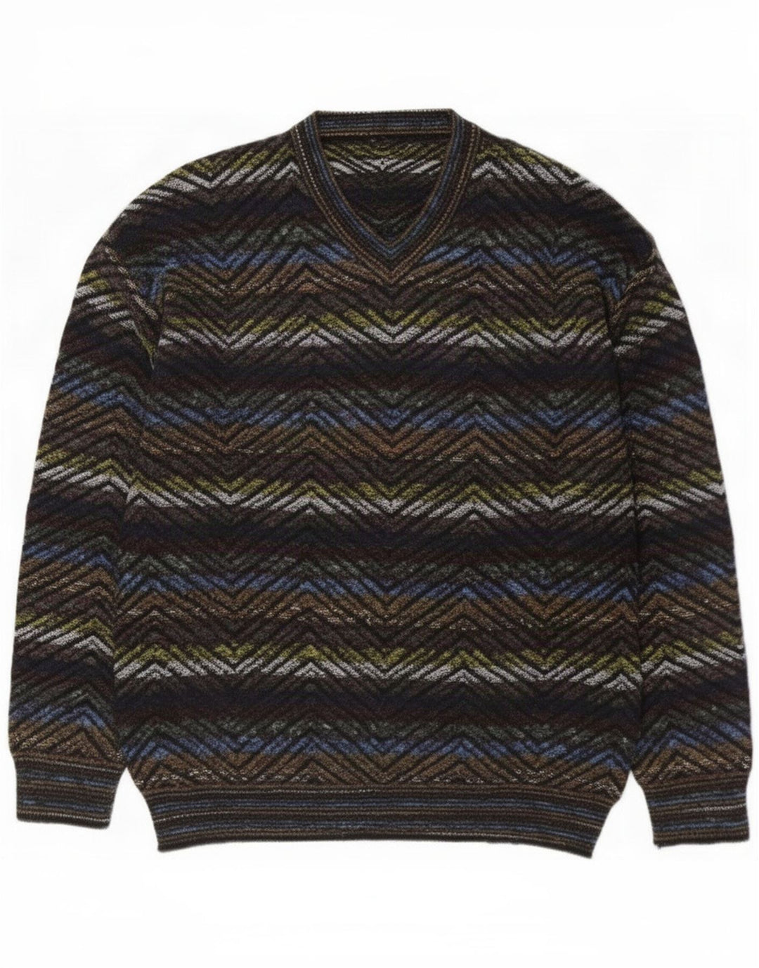 Vintage hombres V-cuello jumper suéter grande multicolor geométrico