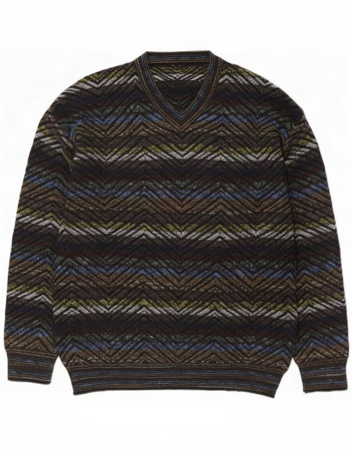 Vintage hombres V-cuello jumper suéter grande multicolor geométrico