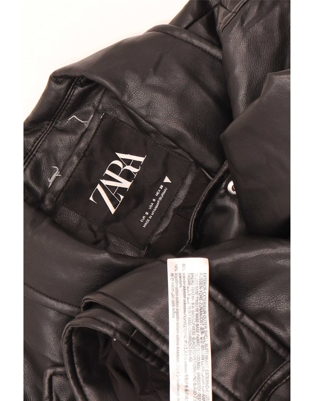 Zara Chaqueta Motera Corta De Piel Sintética Para Mujer UK 10 Small Poliéster Negro