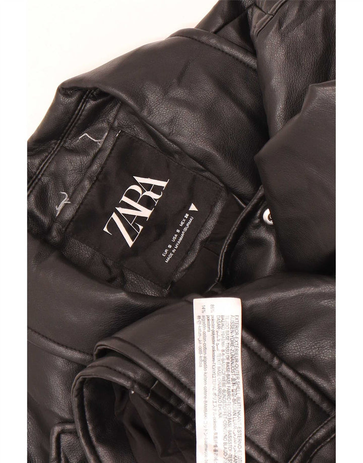Zara Chaqueta Motera Corta De Piel Sintética Para Mujer UK 10 Small Poliéster Negro