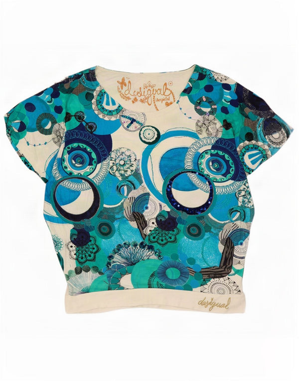 Desigual Camiseta estampada para mujer UK 44 Viscosa geométrica blanca mediana