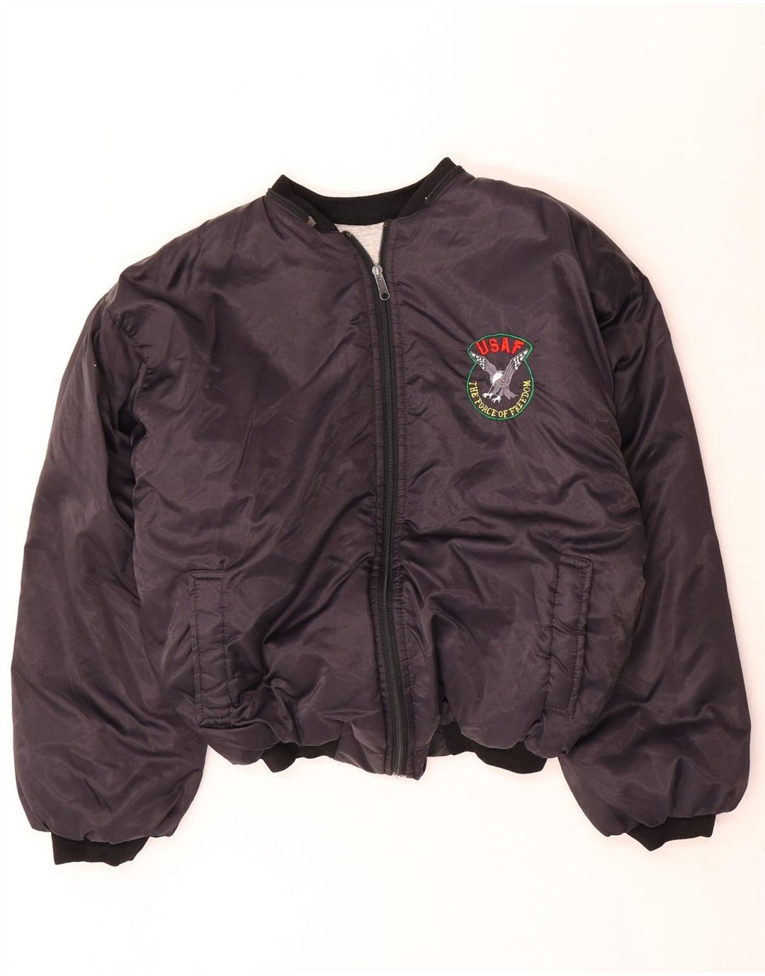 Vintage hombres bomber gráfico chaqueta acolchada Reino Unido 40 grande azul marino