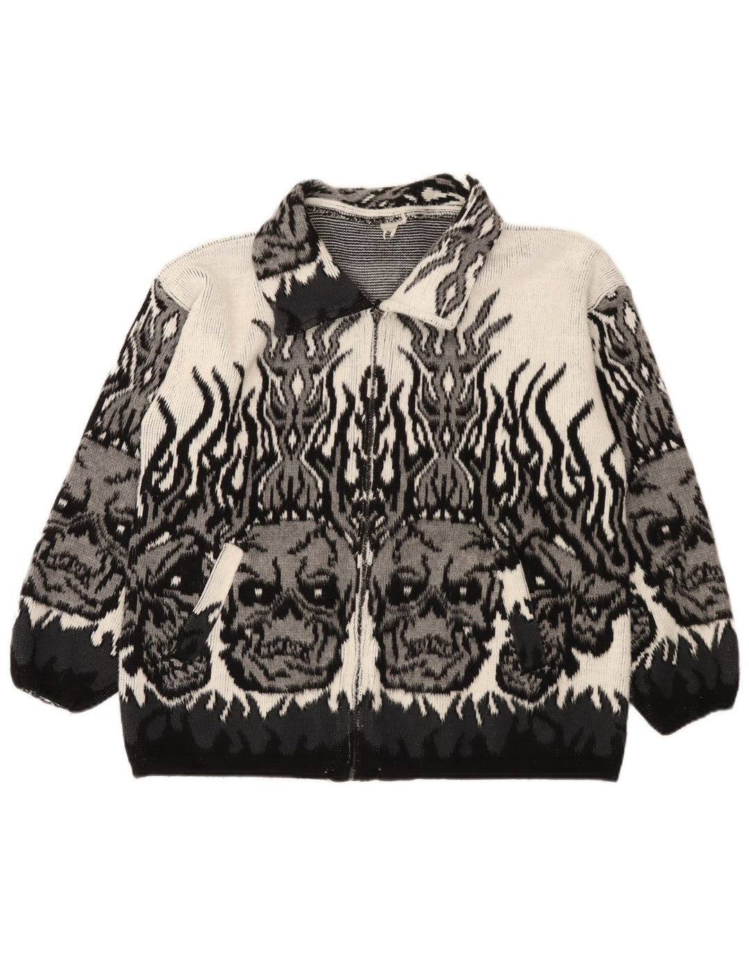 Vintage mujeres patrón abstracto cardigan suéter Reino Unido 18 XL gris gótico