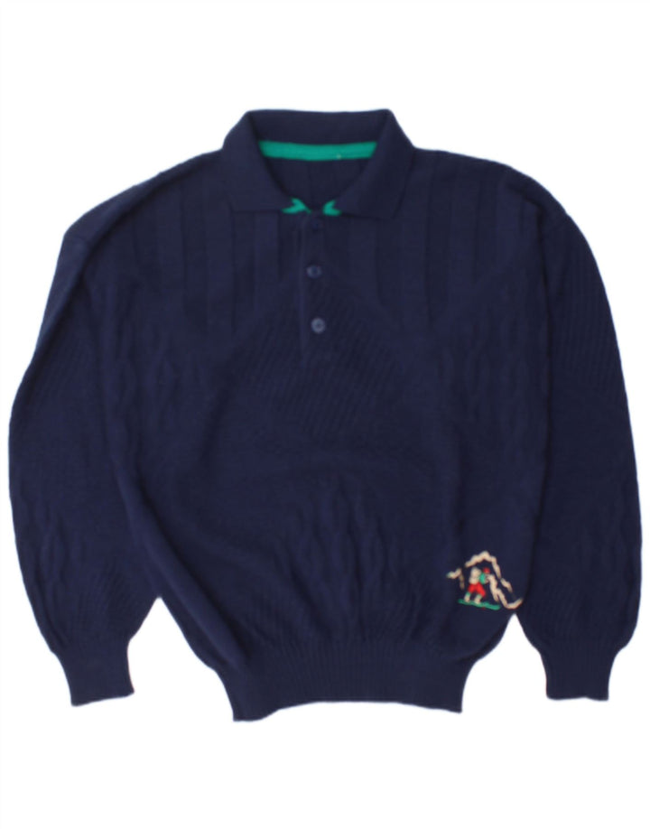 Vintage hombres polo cuello jersey suéter grande azul marino lana