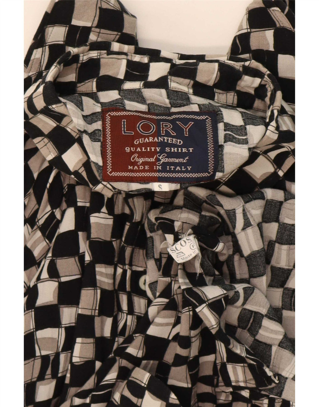 Camisa vintage para hombre pequeña viscosa geométrica negra