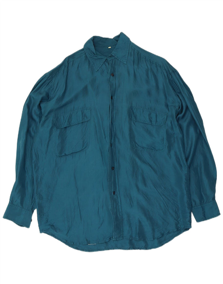 Camisa Vintage Para Hombre Seda Azul Mediana