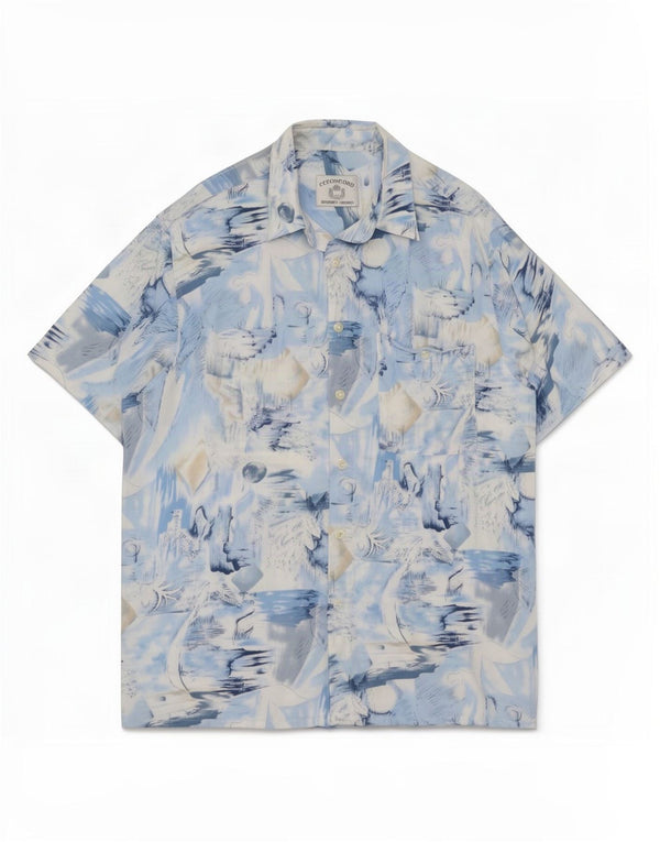 Vintage hombres patrón abstracto camisa de manga corta viscosa azul medio