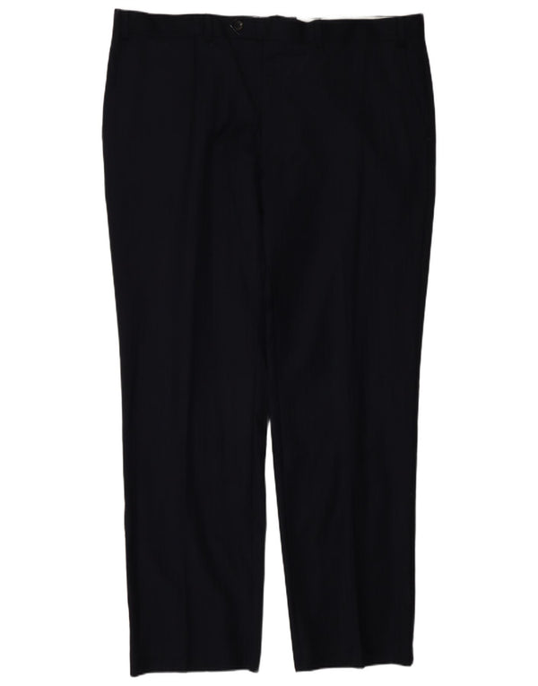 Marks & Spencer Pantalón de traje recto para hombre W42 L33 Lana a rayas azul marino