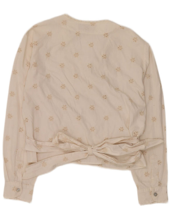 Vintage mujer manga larga abrigo blusa Top IT 46 algodón floral blanco grande