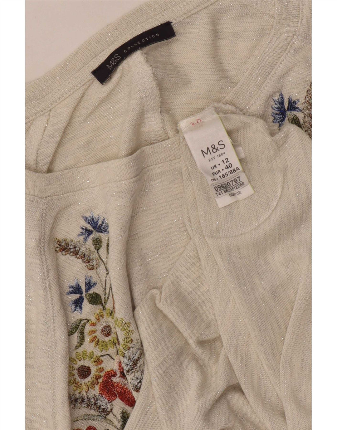 Marks & Spencer Top gráfico para mujer manga 3/4 UK 12 Medium Off White Floral